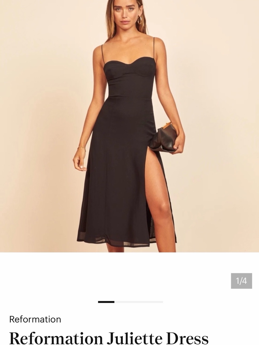 Reformation Black Midi Slip Dress with Thigh Slit